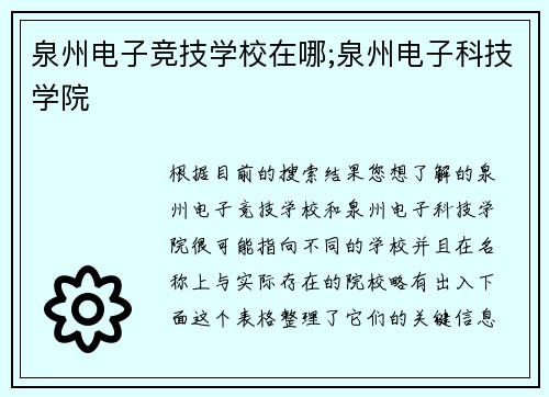 泉州电子竞技学校在哪;泉州电子科技学院